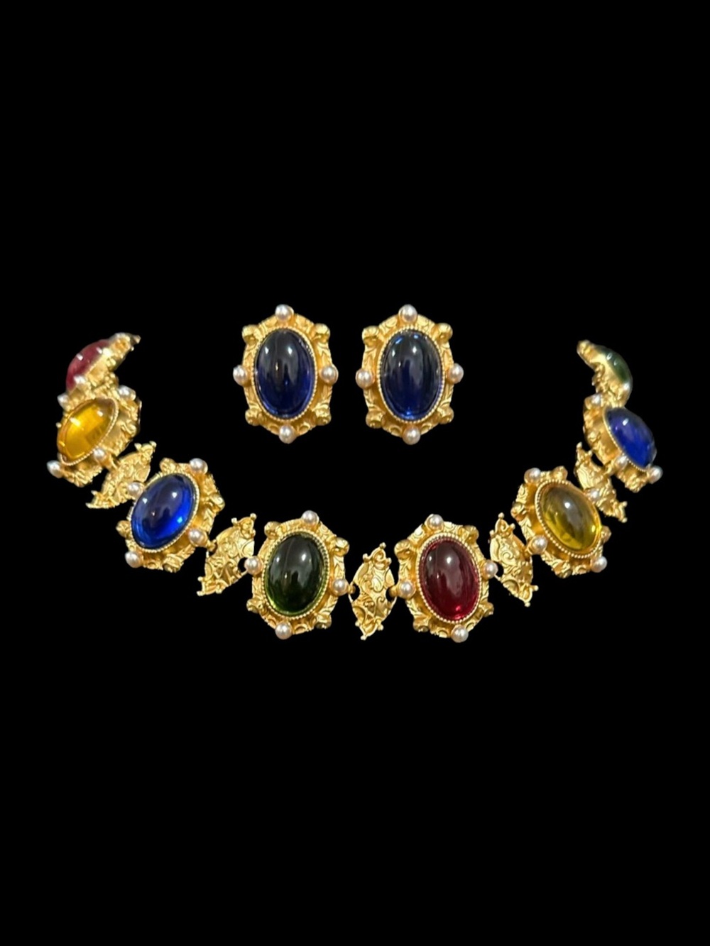 Monet Gold-Tone Multi-Color Cabochon Necklace and Earrings Set